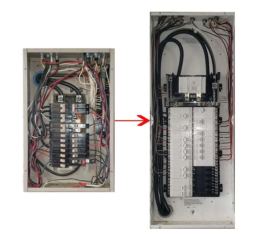 Before and after comparison of an old fuse box and a new, modern electrical panel installed by a professional electrician.