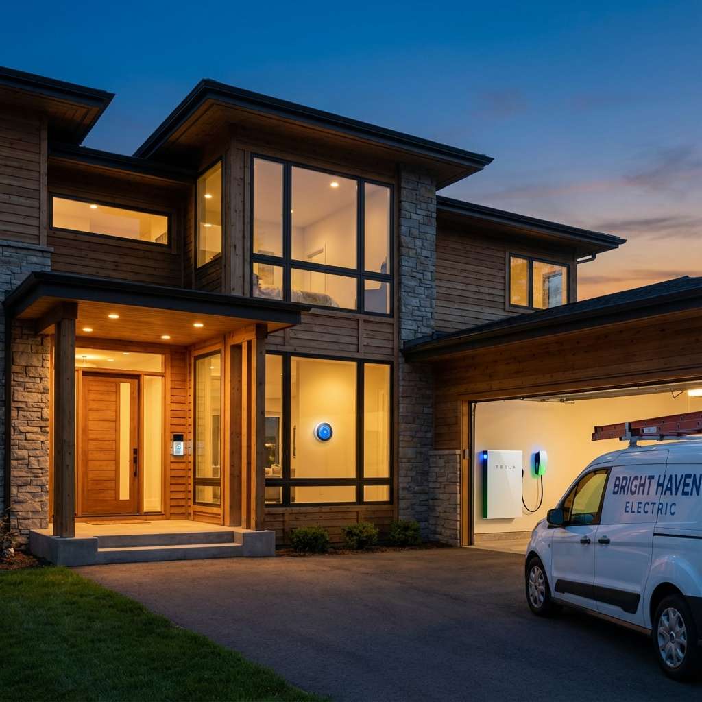 A modern Minnesota home at twilight featuring a Tesla Powerwall 3, Ring Video Doorbell, and Nest Learning Thermostat installed by Bright Haven Electric.