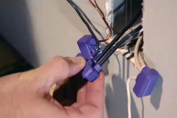 A close-up photograph of a hand using purple AlumiConn connectors to join black, white, and bare copper electrical wires inside a wall junction box.