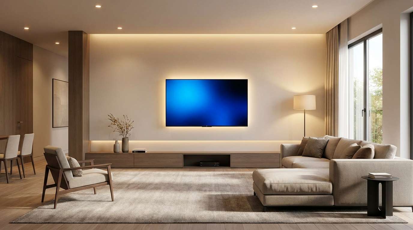 A gorgeously decorated living room with a large, wall-mounted flat screen TV and no visible wires