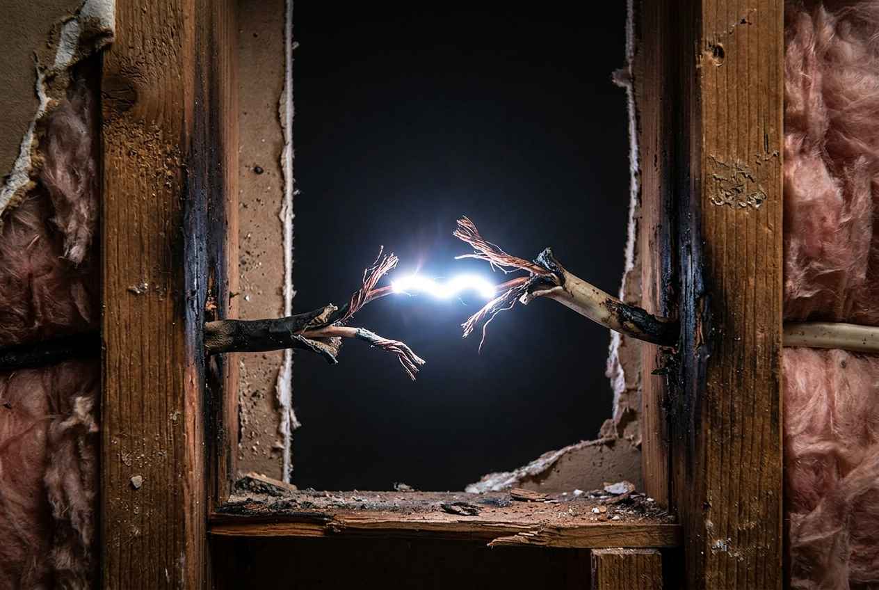 A depiction of a hazardous electrical arc spark jumping between damaged wires inside a wall