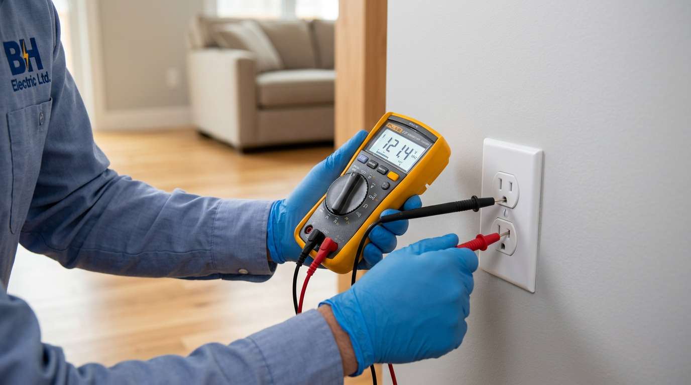 An electrician using a digital multimeter to test a residential wall outlet for safety