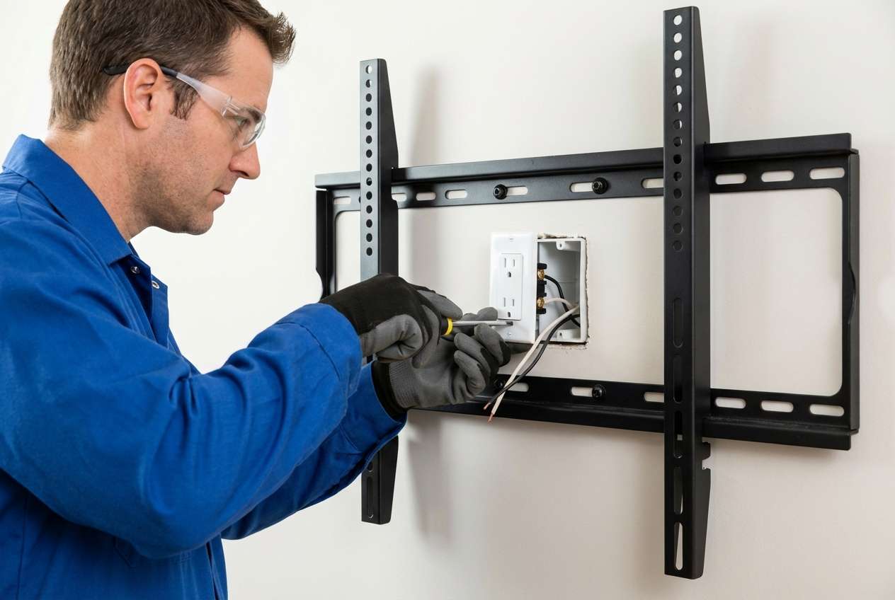 A licensed electrician installing a new, code-compliant recessed electrical outlet behind a flat screen TV wall mount bracket