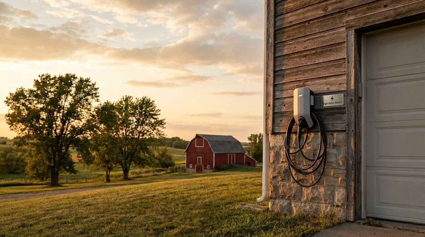 Electric vehicle charger mounted on garage wall