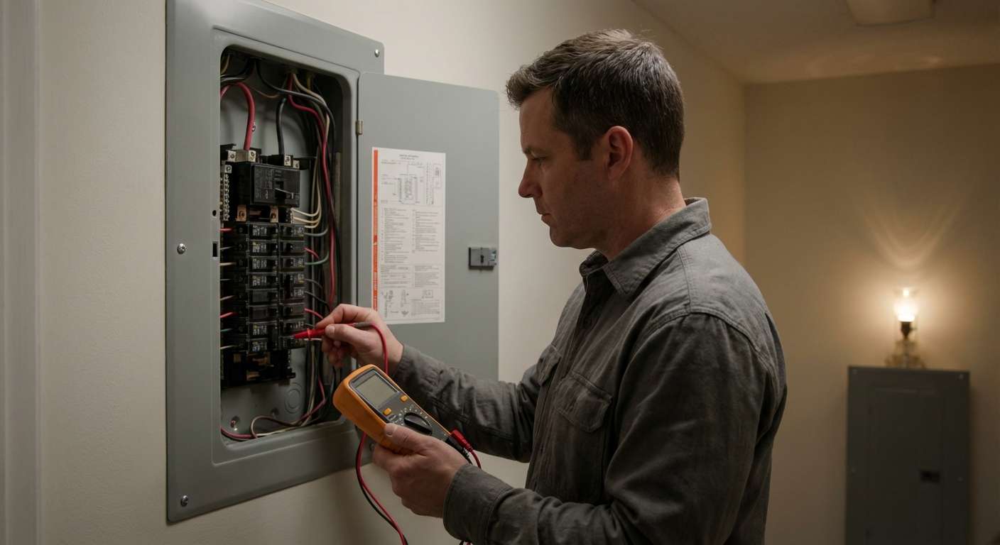 A professional electrician diagnosing a flickering light issue by checking a residential breaker panel