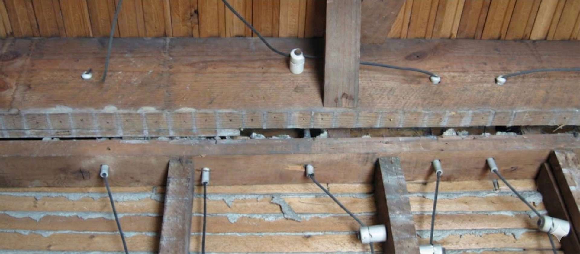 Attic space showing historic knob and tube electrical wiring installed with porcelain knobs and tubes on wooden beams.