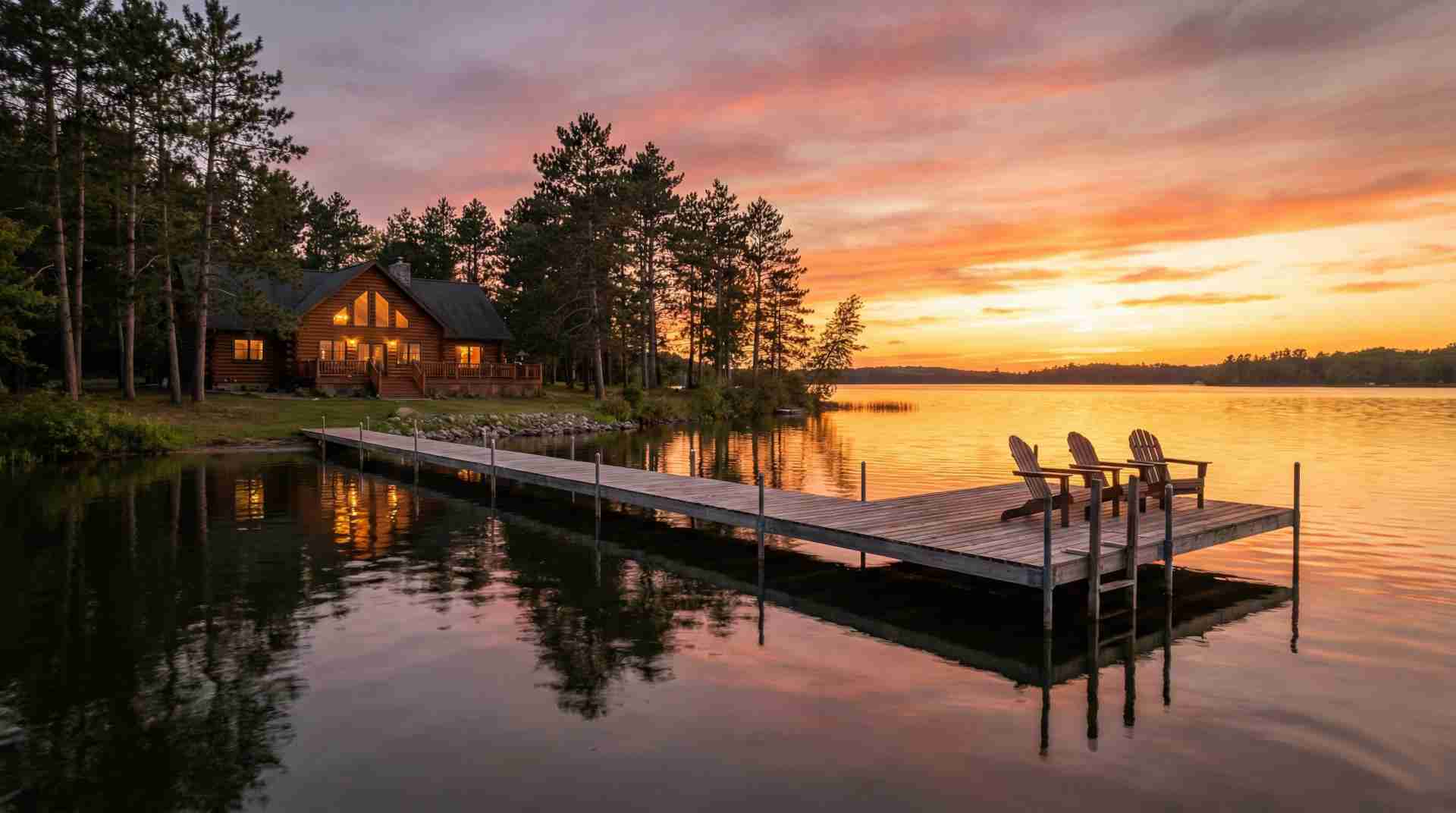 Sunset over a lake home dock with power pedestals
