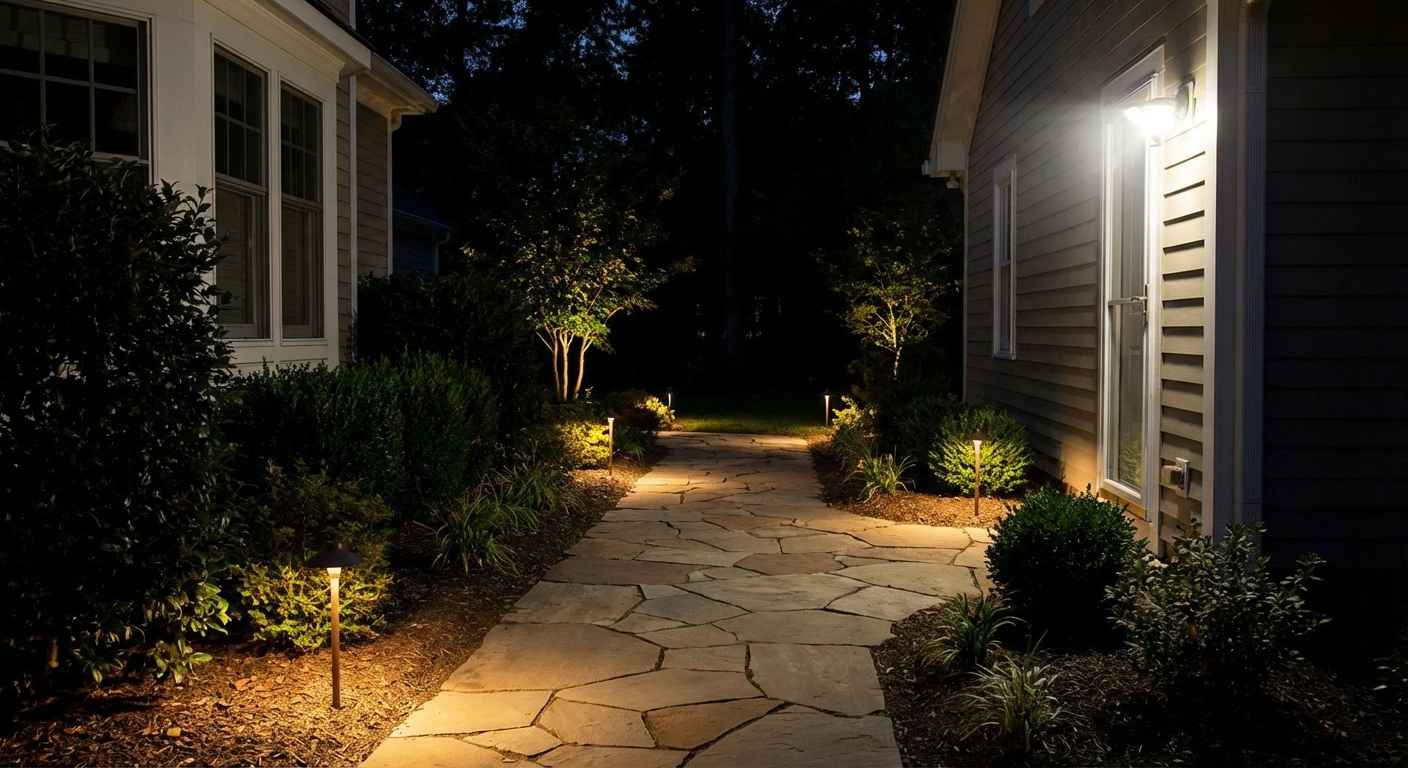 A beautifully illuminated residential pathway featuring low-voltage landscape lighting and motion sensor security lights