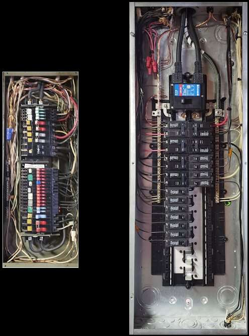 Side-by-side comparison of a dangerous Zinsco panel and a new Eaton BR installation for outdated panel replacement MN.
