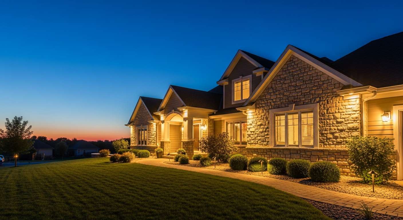 A well-lit Minnesota home exterior at dusk with professional security lighting