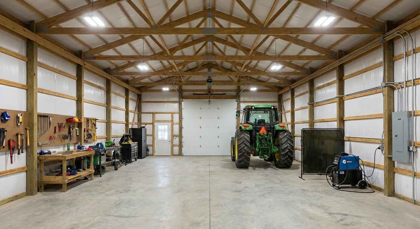 Wide-angle view of the inside of a large pole barn being used as a workshop, featuring exposed wooden trusses, bright LED lighting, a concrete floor, a large green tractor parked in the center, a workbench with tools on the left, and welding equipment on the right.