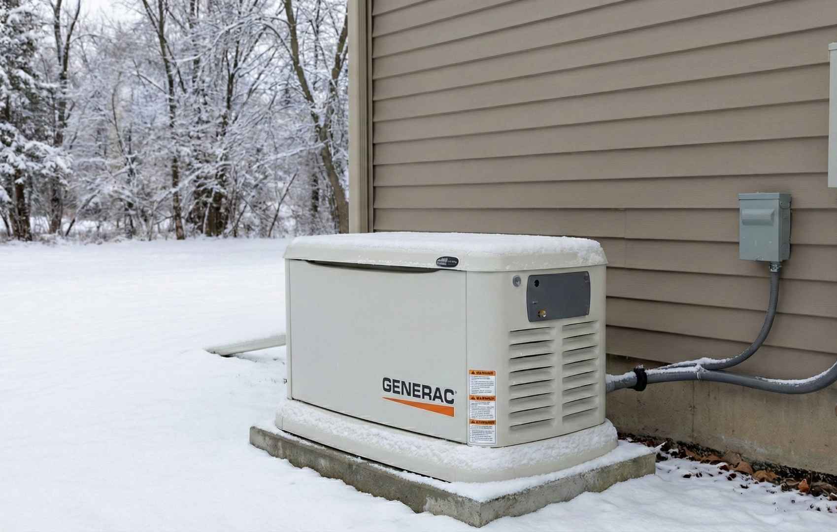 A Generac standby generator sits on a concrete pad next to a beige house in a snowy winter landscape, connected to a transfer switch on the wall.