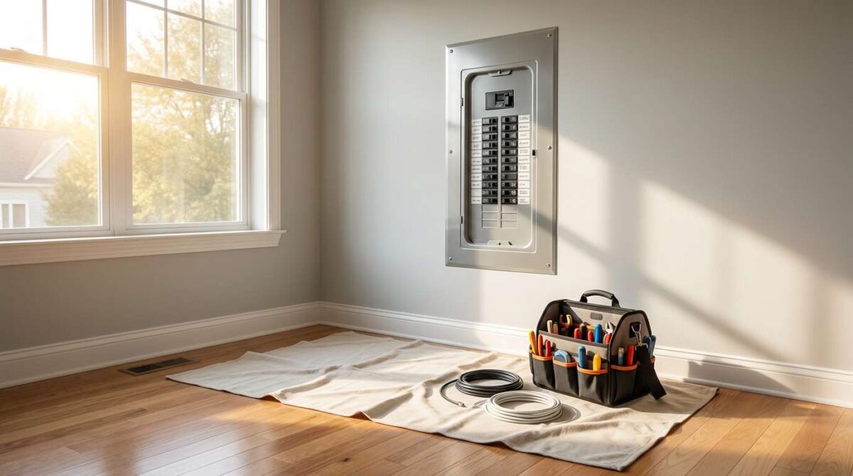 Clean and organized electrical jobsite with a freshly installed panel, drop cloths, and zero debris — Bright Haven Electric's Bee Clean standard.