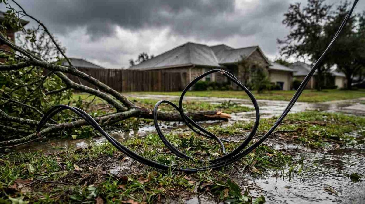 A downed power line resting on wet grass in a residential yard after a storm, illustrating the extreme electrocution hazard present during storm recovery.
