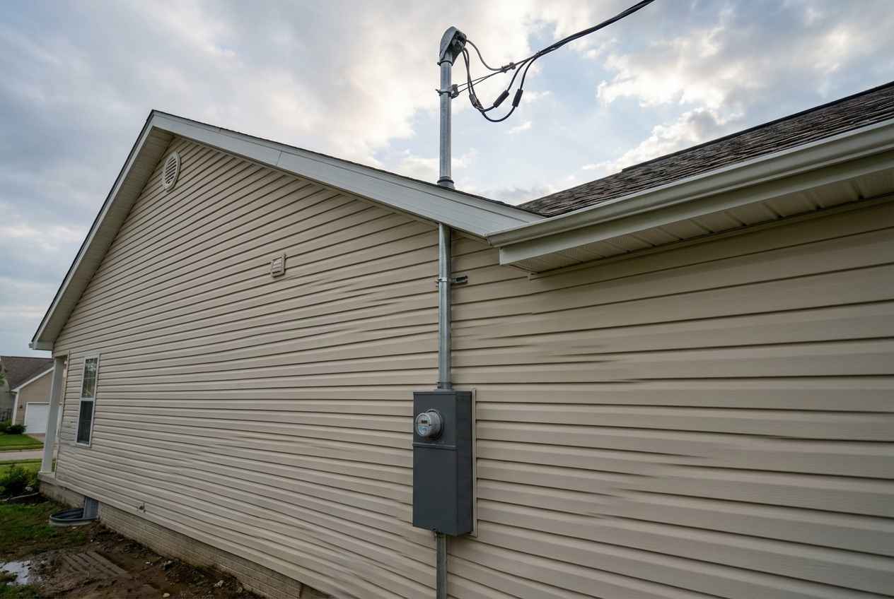Licensed electrician repairing an electrical mast that was damaged in a storm to restore power to a residential home safely.