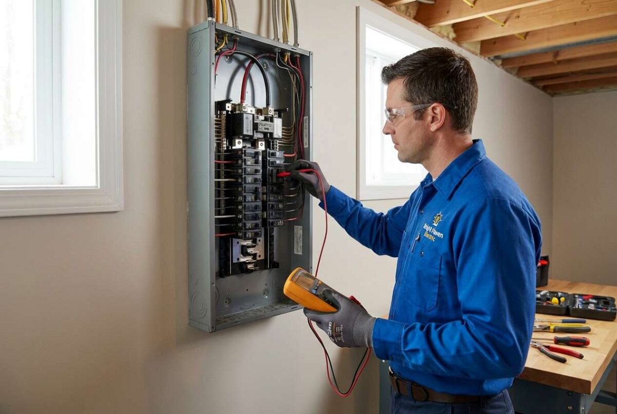 Licensed electrician performing a thorough electrical panel inspection in a West Central Minnesota home for shock prevention and fire safety.