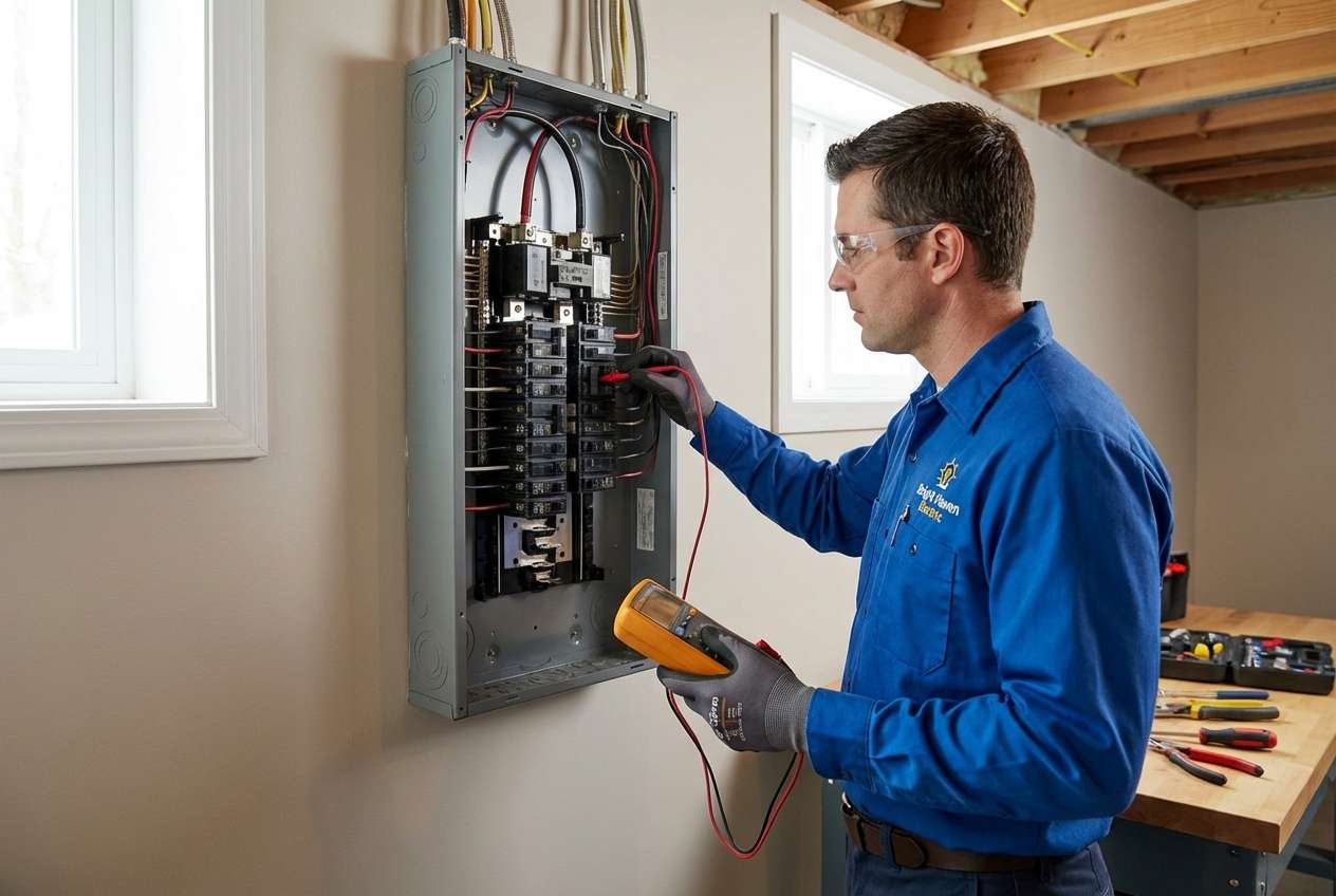 Licensed electrician performing a thorough electrical panel inspection in a West Central Minnesota home for shock prevention and fire safety