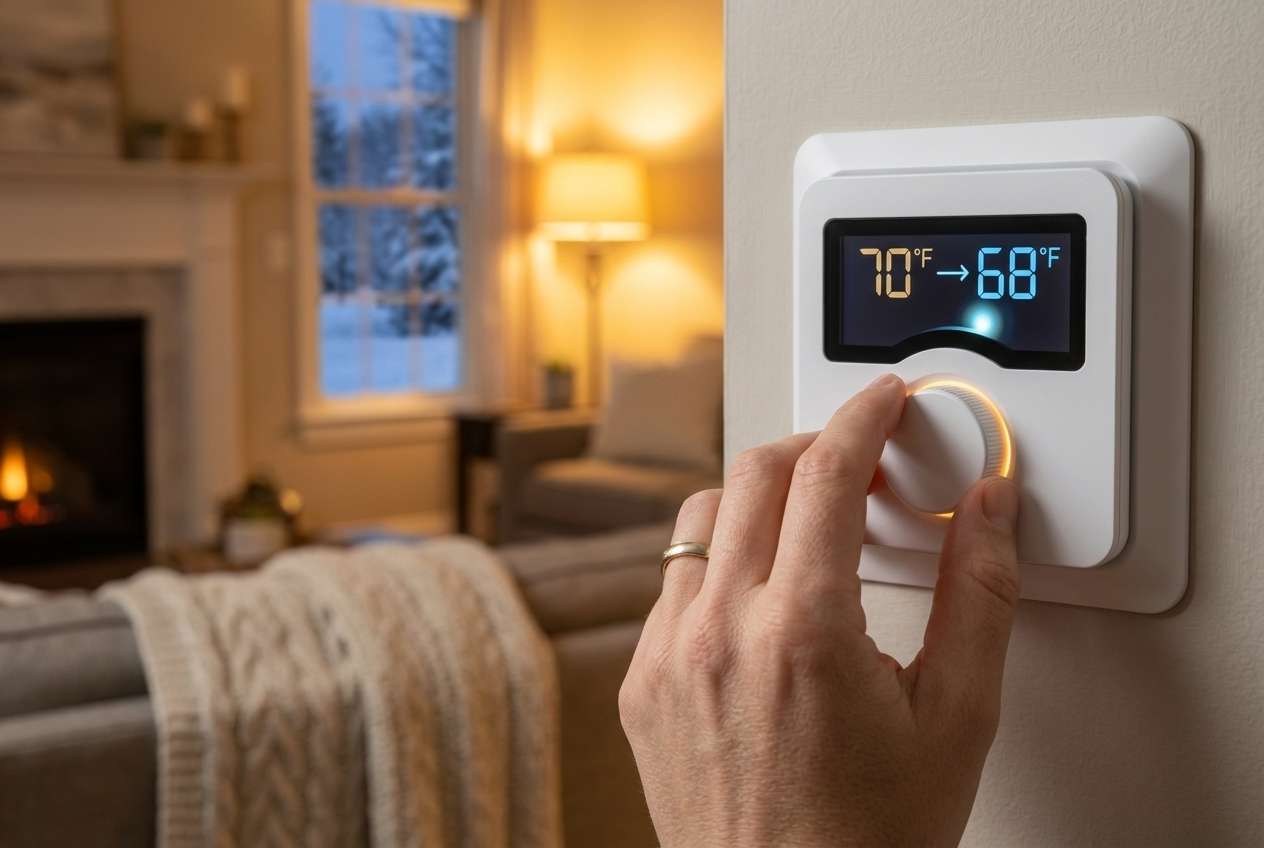 Minnesota homeowner adjusting thermostat settings to reduce electricity costs