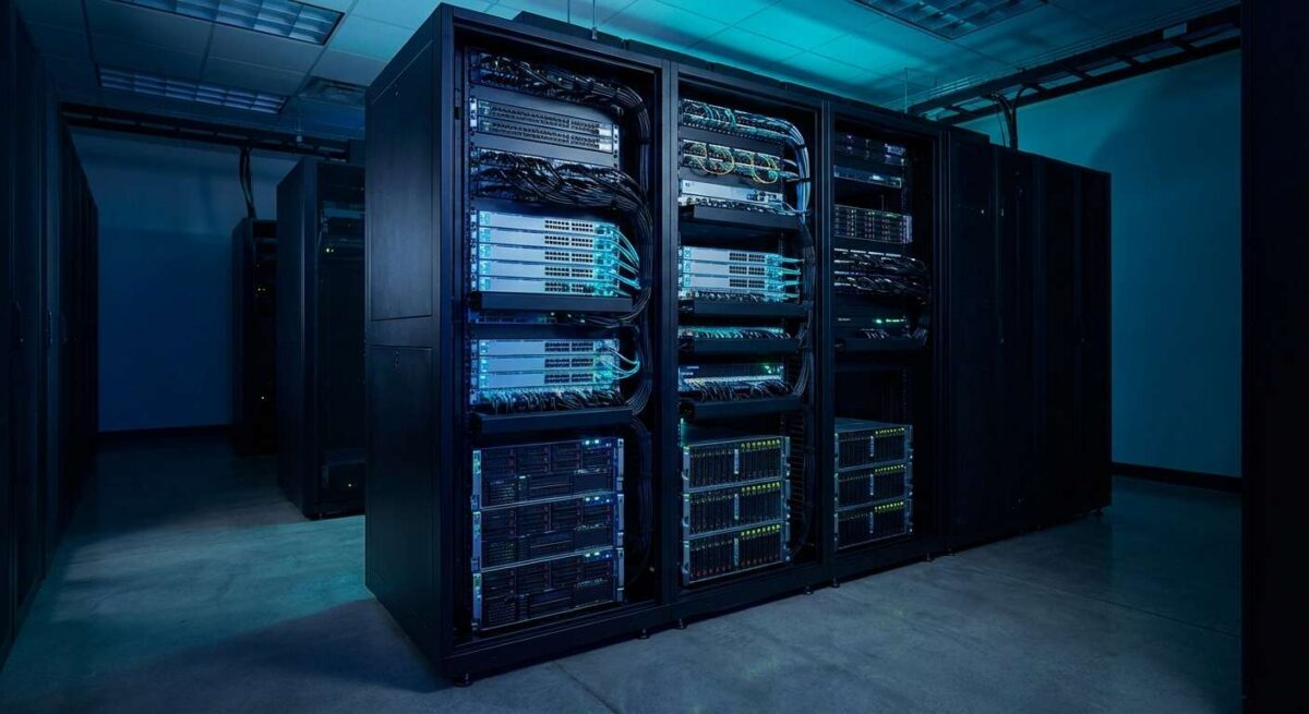 A neat, well-organized enterprise server rack and network switch with glowing LEDs in a clean datacenter