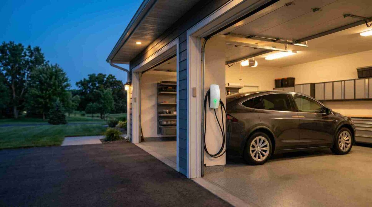 A Level 2 EV charger mounted on a residential garage wall with an electric vehicle plugged in and charging at dusk, showcasing a clean and modern home EV charger installation.