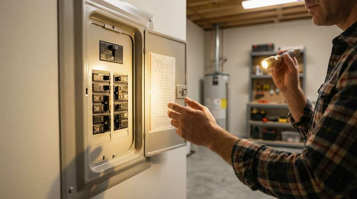 A homeowner inspecting a residential breaker panel with a flashlight, locating a tripped circuit breaker in the middle position.