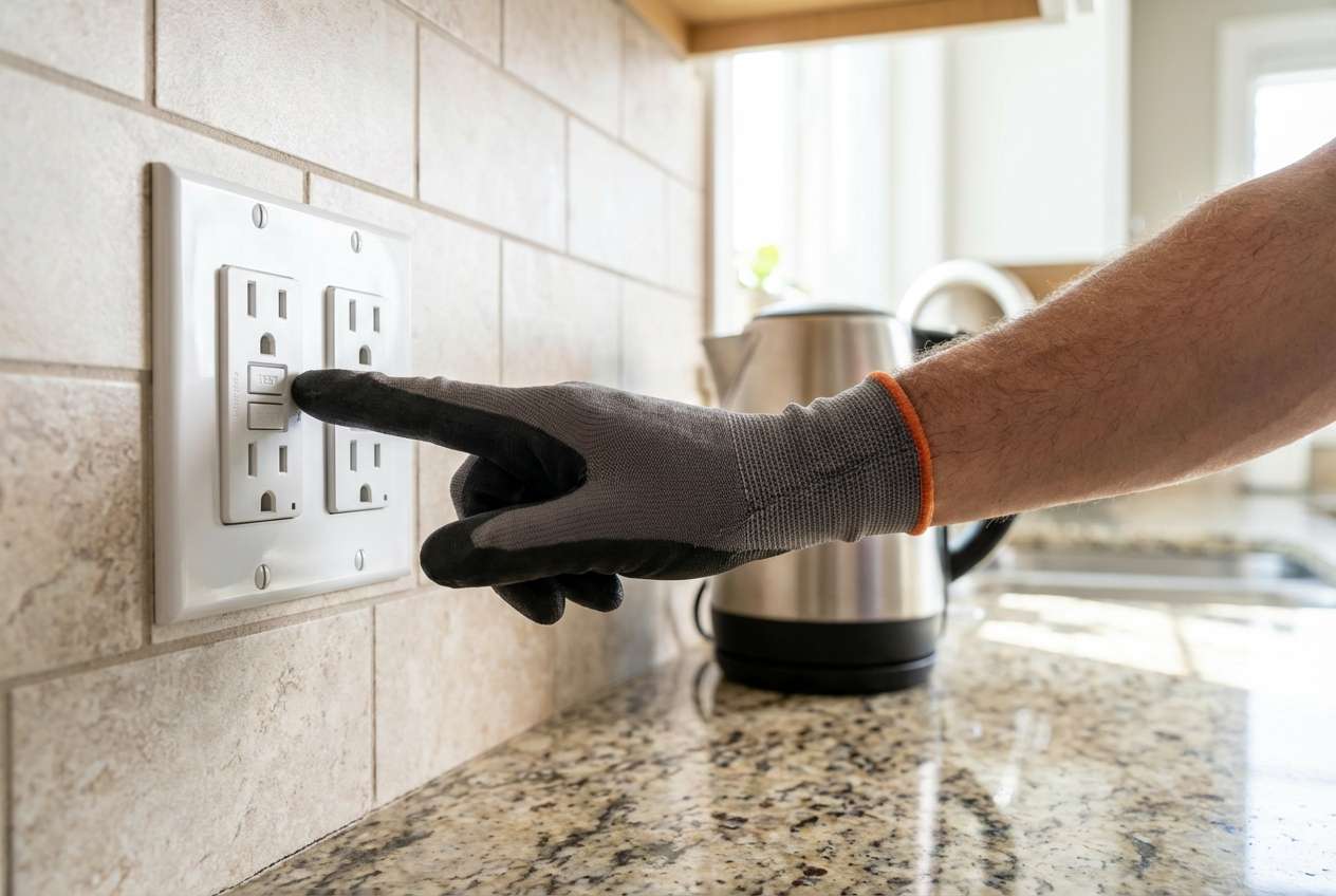 Electrician testing a GFCI protected outlet to ensure home electrical safety and prevent shocks
