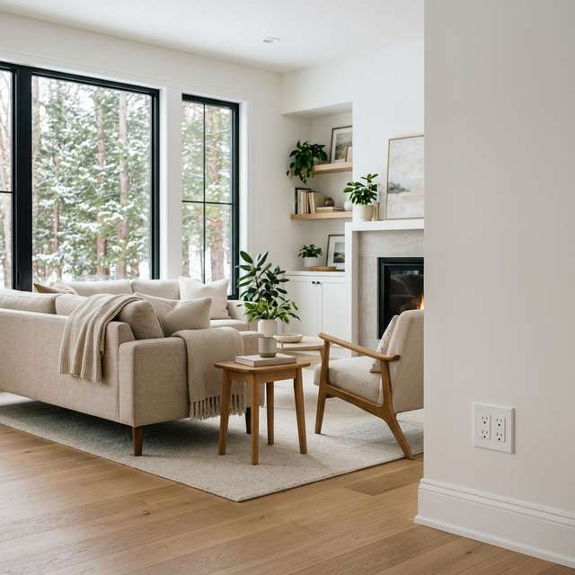 A warmly lit, inviting, and clean modern living room demonstrating pristine electrical safety features