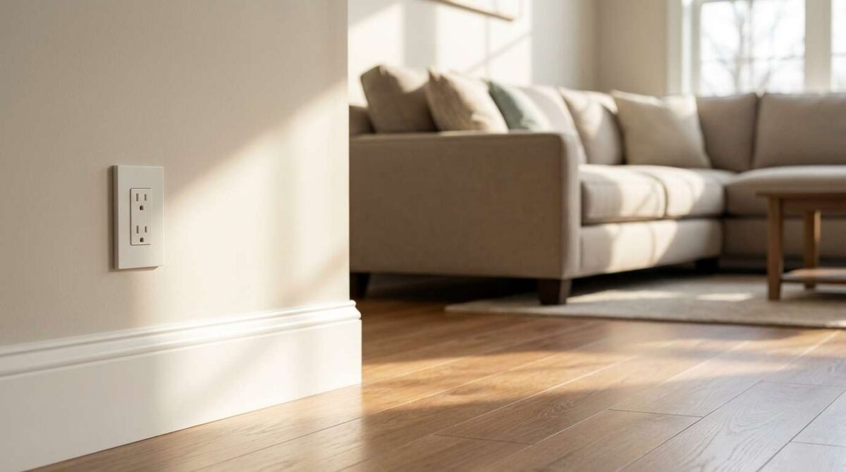 A warmly lit, inviting, and clean modern living room demonstrating pristine electrical safety features