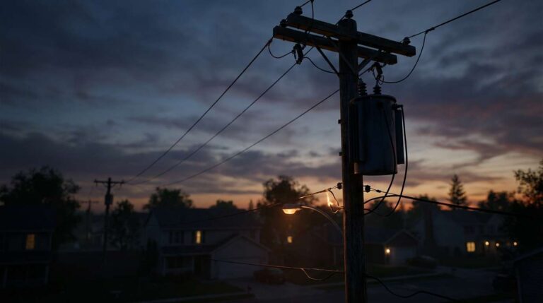 A neighborhood power pole and transformer at dusk, illustrating the community risks of electricity theft and overloaded grids.
