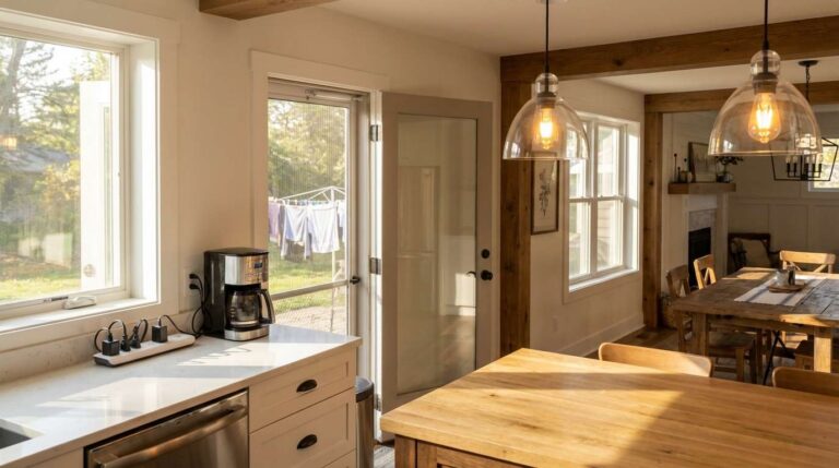 Modern Minnesota kitchen with natural daylight, energy-efficient LED lighting, and smart power strip illustrating zero-cost electricity savings habits.