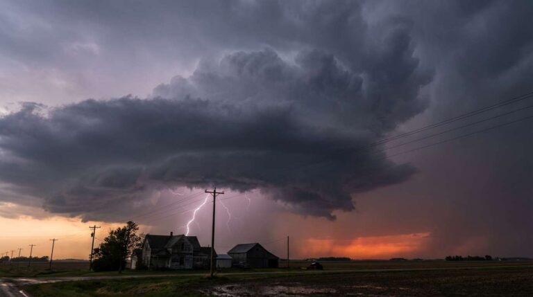 A severe thunderstorm approaching over rural Minnesota farmland with lightning in the distance, illustrating the power and danger of storm season for homeowners.