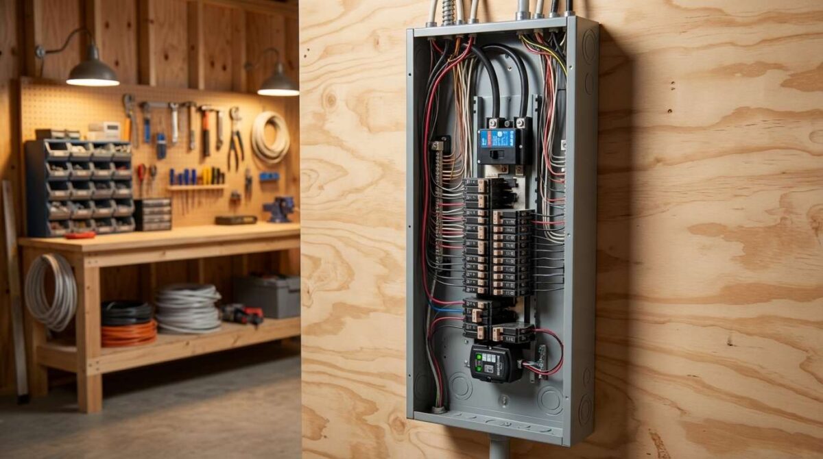 A residential electrical panel with a whole-home surge protector mounted beside it, protecting the home from voltage spikes.