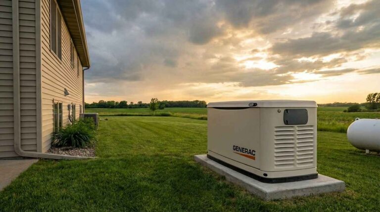 A standby backup generator professionally installed on a concrete pad beside a rural Minnesota home at dusk, with conduit connecting to the electrical panel and a propane tank nearby.