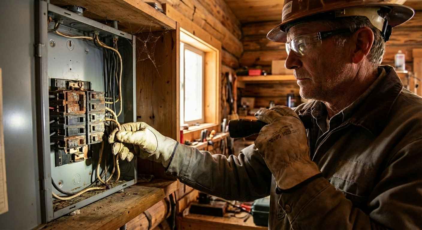 Licensed electrician inspecting a cabin electrical panel during spring startup in West Central Minnesota