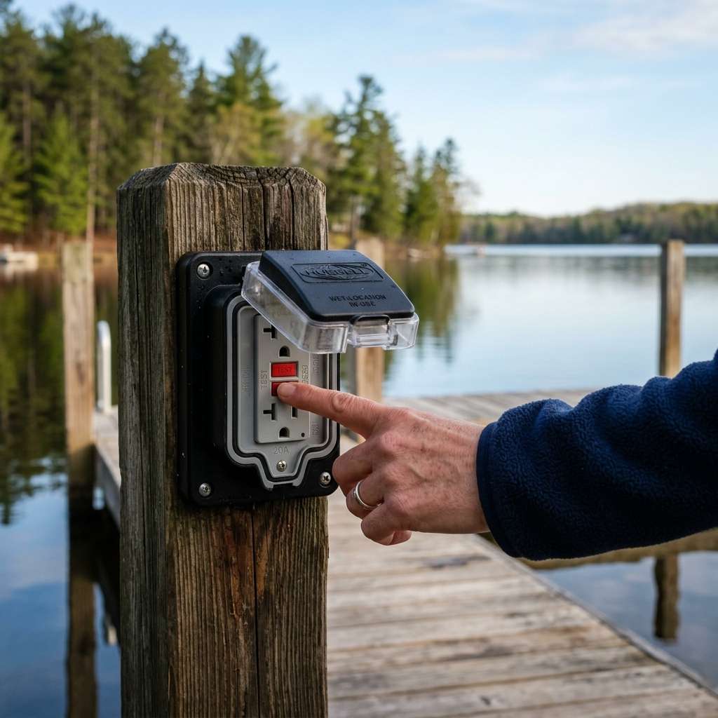 Testing a GFCI outlet near a cabin dock during spring electrical startup inspection in Minnesota