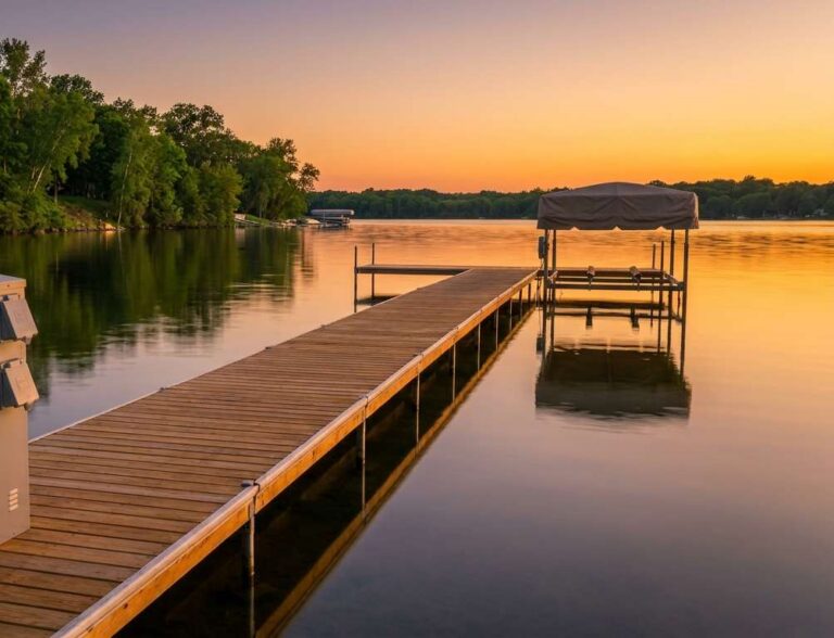 A wooden dock with shore power pedestal extending into a calm Minnesota lake at golden hour