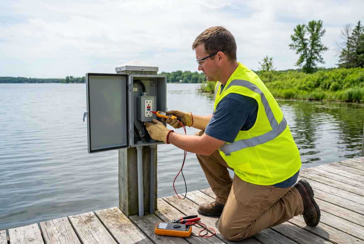 Licensed electrician inspecting a dock power pedestal and GFCI protection at a Minnesota lake property