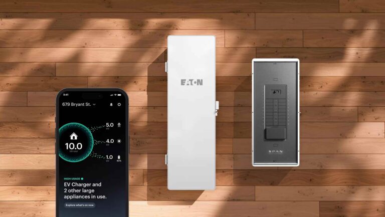 Side-by-side comparison of Eaton smart panel and SPAN smart panel with the SPAN mobile app showing circuit-level energy monitoring at 10.0 kW total consumption