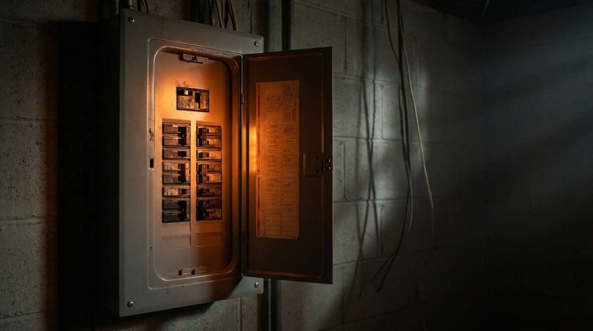 Open residential electrical panel in a dark basement with dramatic lighting highlighting circuit breakers — warning signs of a dangerous panel.