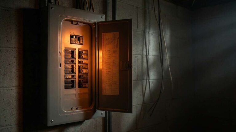 Open residential electrical panel in a dark basement with dramatic lighting highlighting circuit breakers — warning signs of a dangerous panel.