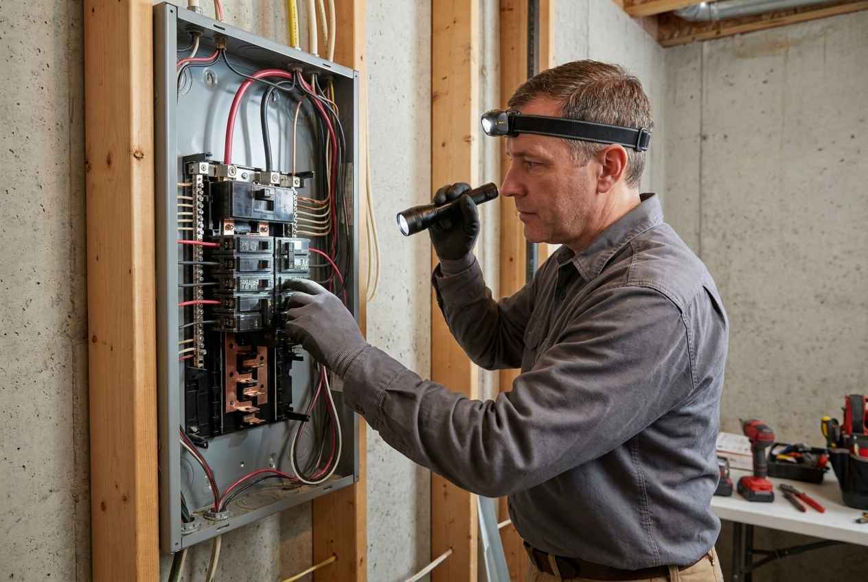 Licensed electrician inspecting an electrical panel for warning signs of fire risk in a Minnesota home