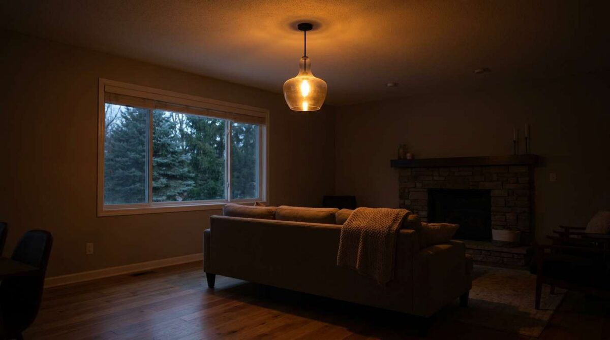 A ceiling light fixture casting an uneven flickering glow in a dimly lit Minnesota home living room