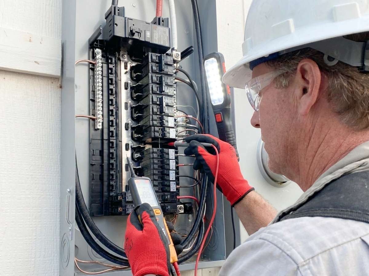 Licensed electrician inspecting an electrical panel for loose connections causing flickering lights in a Minnesota home