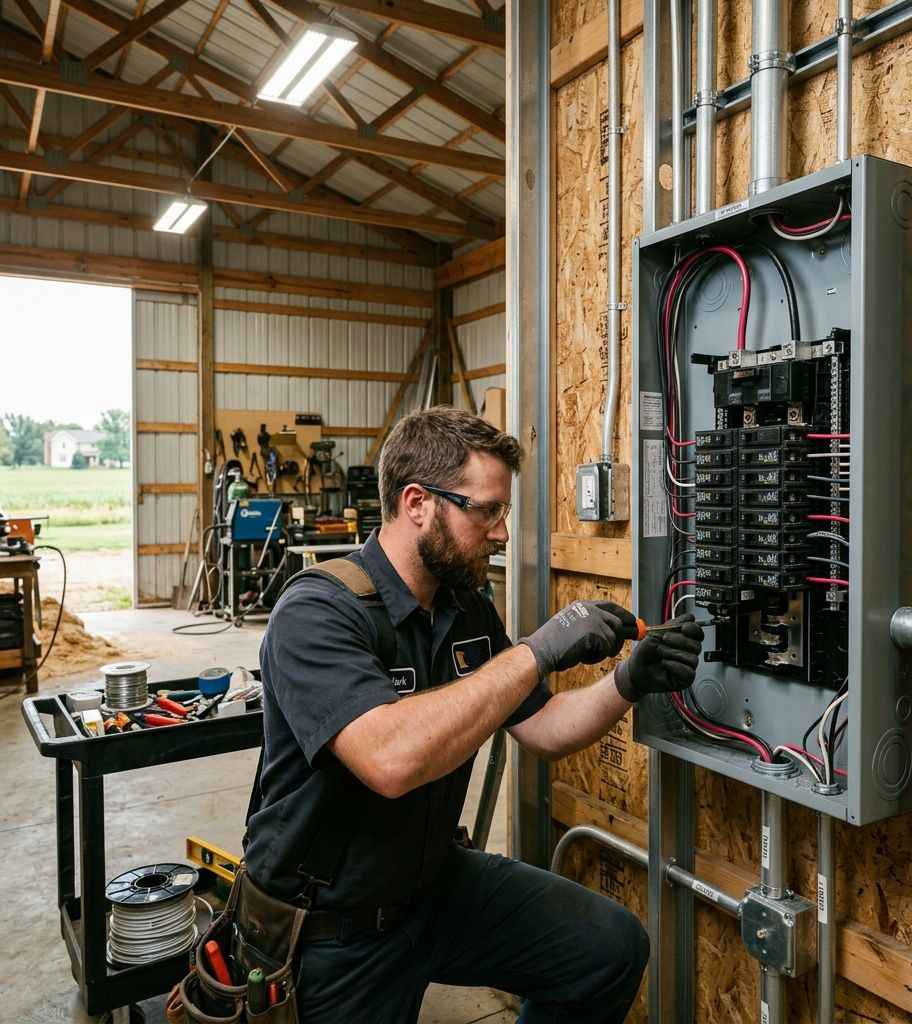 Licensed electrician installing a sub-panel in a new pole barn in West Central Minnesota