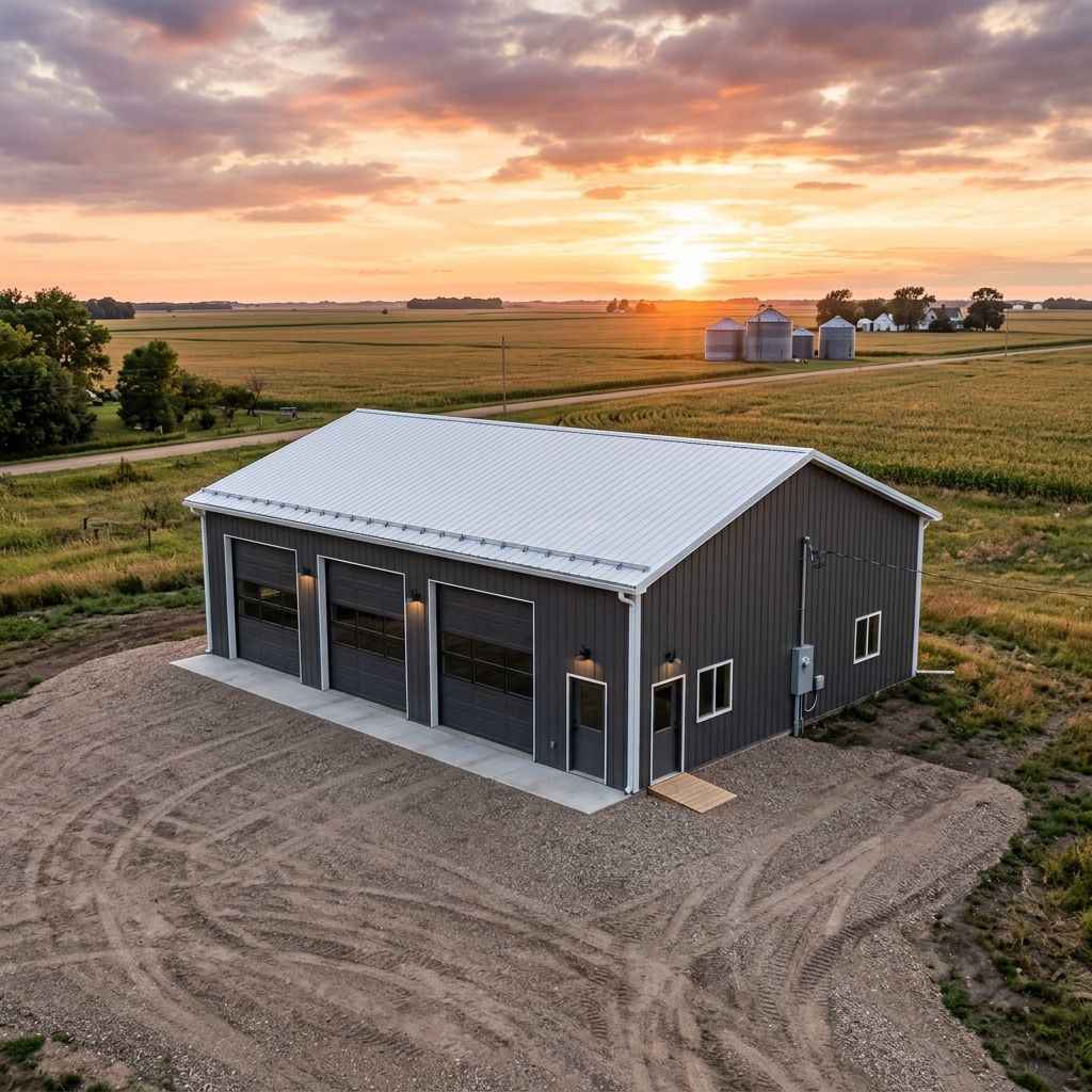 New steel pole barn at golden hour in rural West Central Minnesota with electrical service mast and meter visible