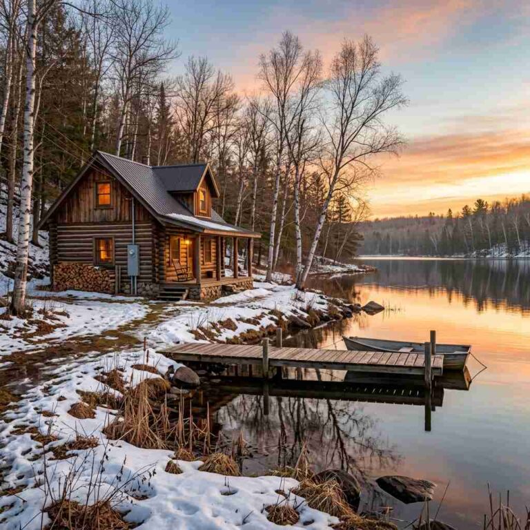 Minnesota lake cabin at spring sunrise with electrical service mast and dock — spring cabin electrical startup guide by Bright Haven Electric.