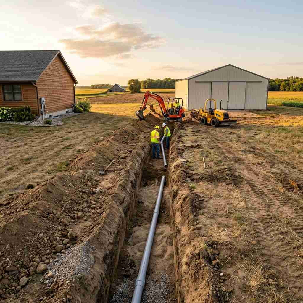 Underground electrical conduit being installed in a trench for a pole barn feeder run in rural Minnesota