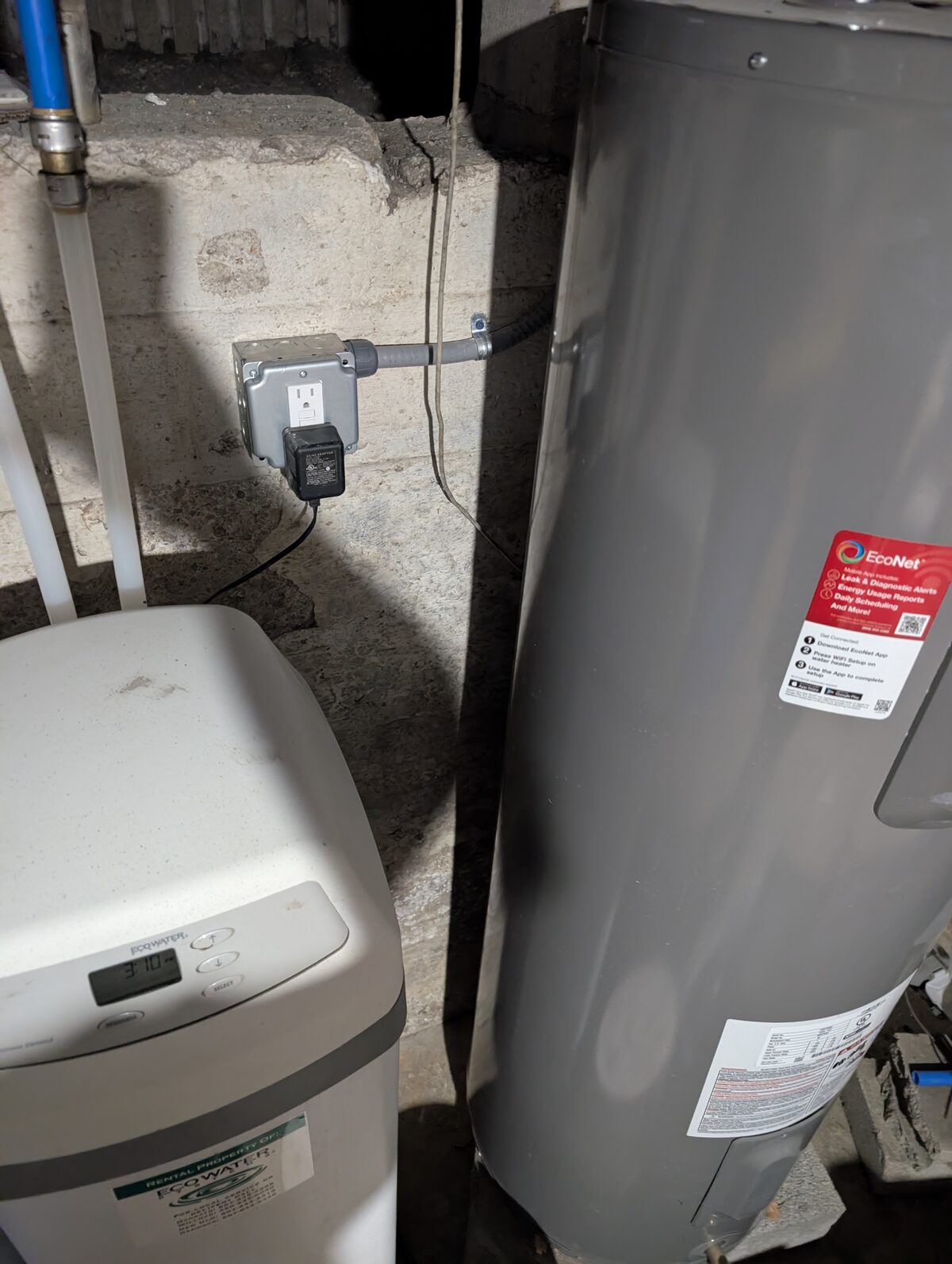 Dedicated 20 amp GFCI outlet wired for water softener in basement